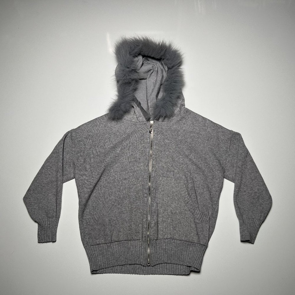 Light Heather Grey Short Zip Up Jacket with Fur Hood Womens Size M